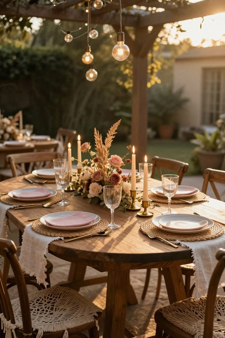 Round wooden table outdoors under a pergola with hanging string lights and pendant bulbs, set with blush plates, gold flatware, woven placemats, pampas grass and rose centerpiece, and taper candles.