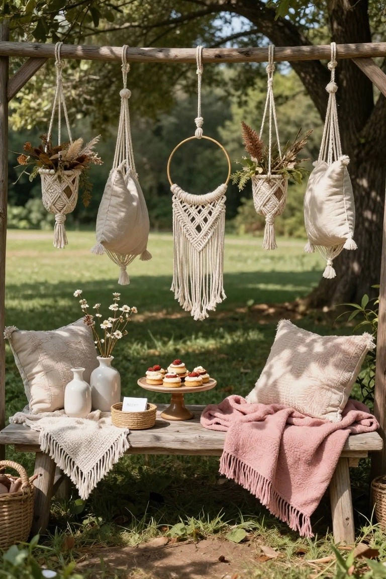 Wooden frame with hanging white macrame planters, fabric bags, and dreamcatcher over a bench with beige pillows, pink blanket, white vases, woven baskets, and cake stand holding pink-frosted cupcakes in a sunny grassy area under trees.
