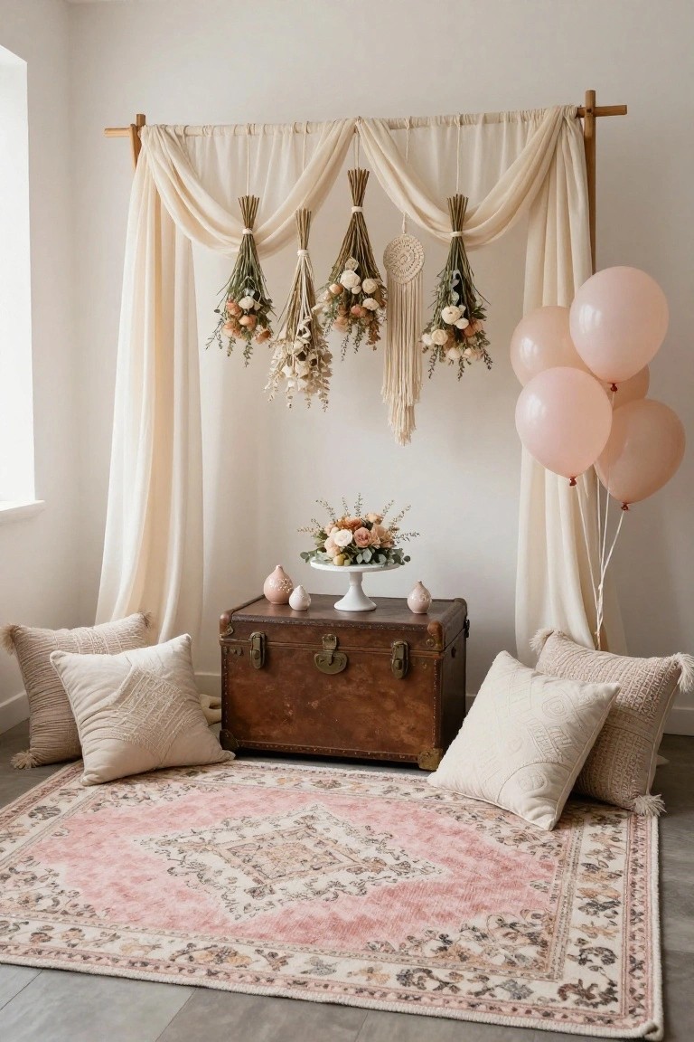 Boho lounge setup with sheer draped curtains on wooden poles, hanging dried flowers and macrame, pink balloons, white cake on vintage trunk, cream pillows on pink rug against white walls.