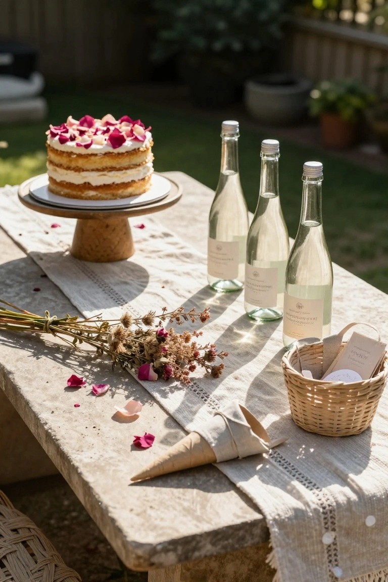 Outdoor rustic wooden table with linen runner holding a three-tier white cake topped with pink rose petals on a wooden pedestal stand, three bottles of sparkling water, scattered rose petals and dried flowers, a waffle cone, and a woven basket containing wrapped items and tags in a garden setting.