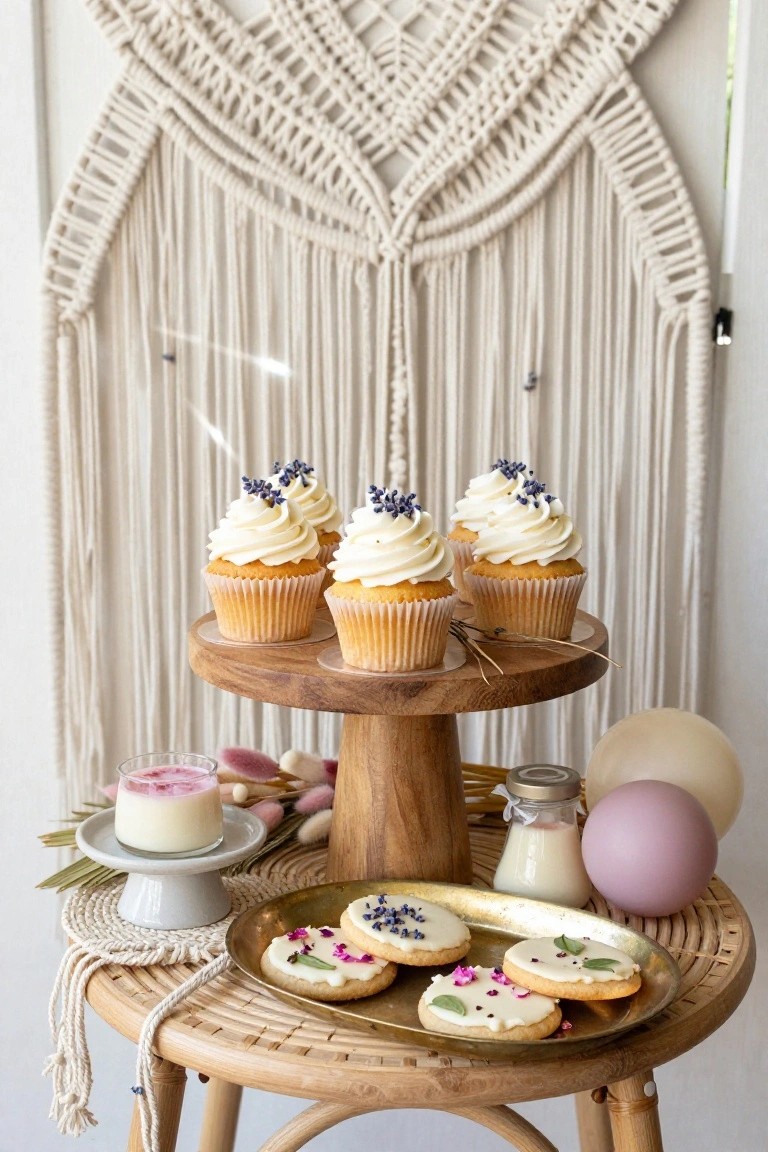 A wooden tiered stand displays three vanilla cupcakes topped with white frosting and lavender sprigs, set on a rattan table with gold tray of iced cookies, milk jar, pink candle, and boho decor like macrame wall hanging and balloons in the background.