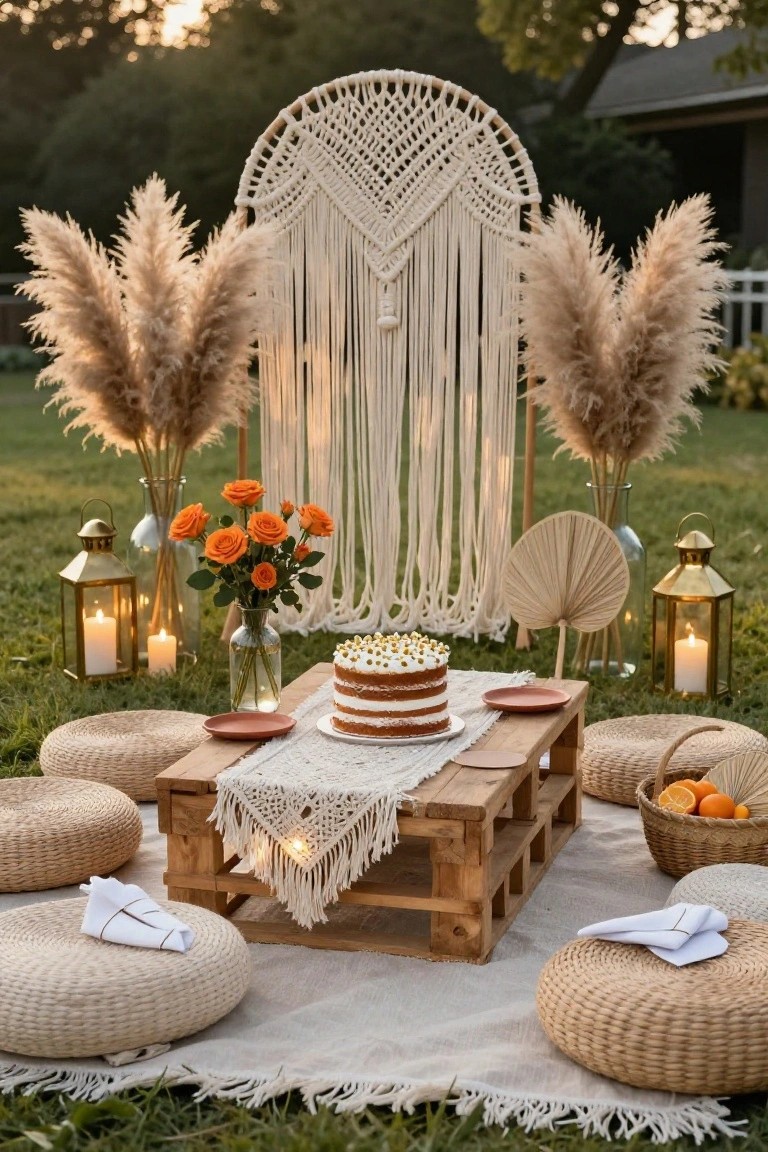 Outdoor boho party setup on grass featuring a tall macrame arch flanked by pampas grass, a low pallet table with layered white cake and crochet runner, rattan floor cushions, lanterns, orange roses, and woven baskets with oranges.