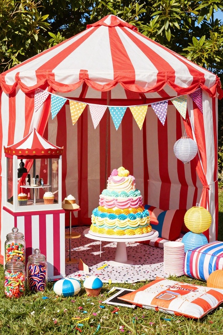Red and white striped pop-up tent outdoors on grass holding a tall rainbow-frosted cake on a stand, flanked by candy jars, a display case with figurines and cupcakes, colorful flags, pillows, and beach balls.