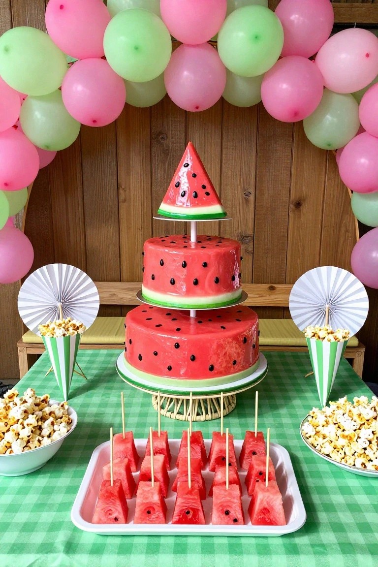 Dessert table with a three-tier red watermelon-shaped cake topped by a balloon watermelon, flanked by watermelon skewers on skewers, popcorn in bowls and cones, on a green checkered cloth under a pink and green balloon arch against wood walls.