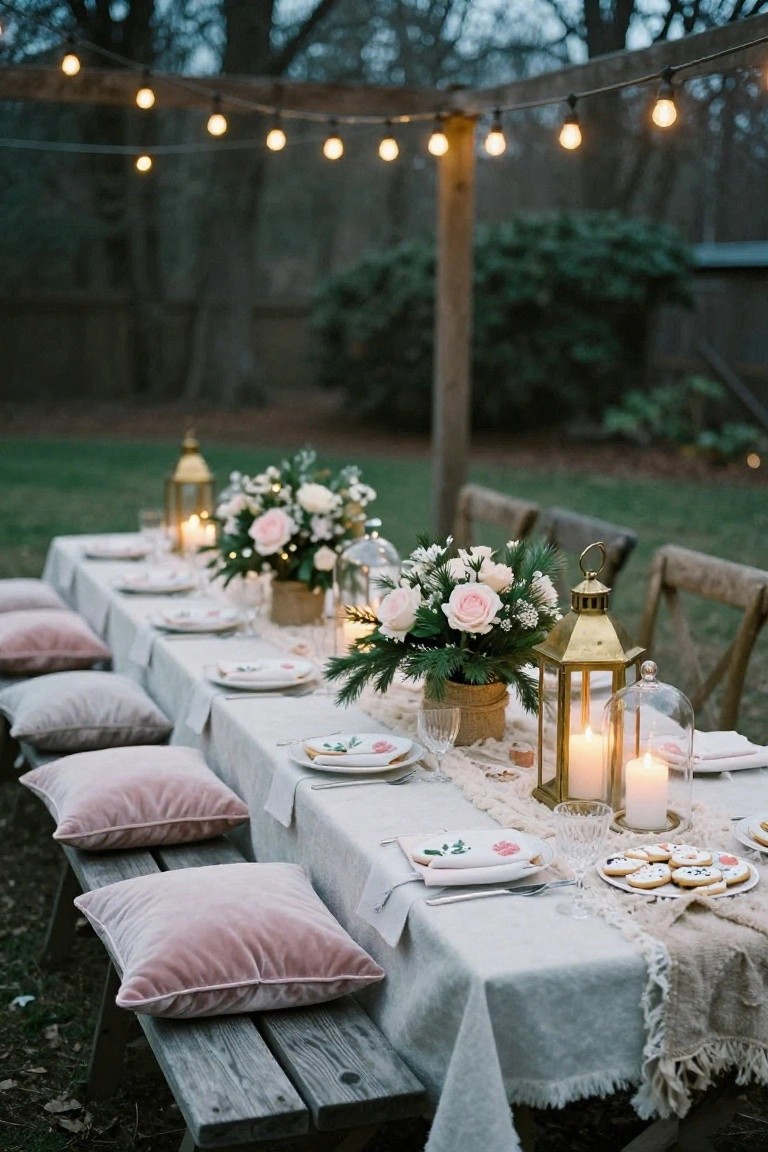 Long rustic wooden table outdoors at dusk with blush velvet pillows on benches, gold lanterns, white candles, floral centerpieces of pink roses and fir branches, string lights overhead, and plates with cookies.