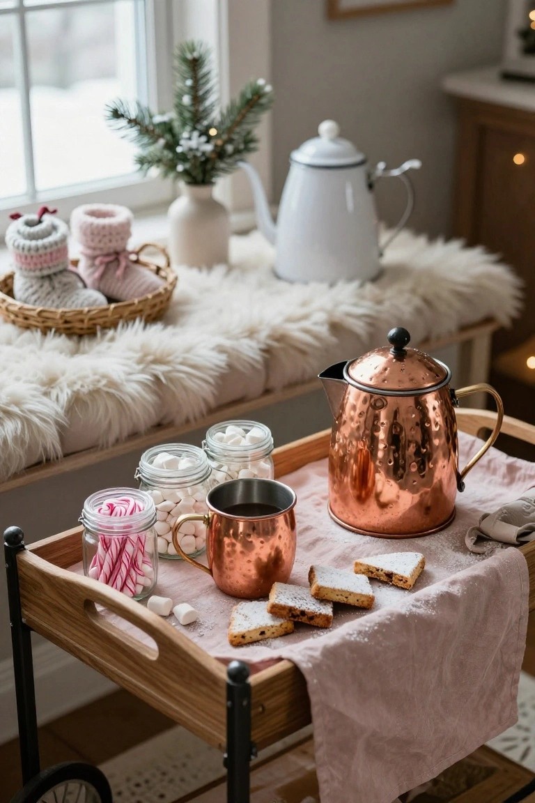 Wooden rolling cart on a faux fur bench holding a copper teapot, copper mug with hot cocoa, jars of marshmallows and pink candy canes, shortbread cookies on pink cloth, near window with winter view and baby booties in a basket.
