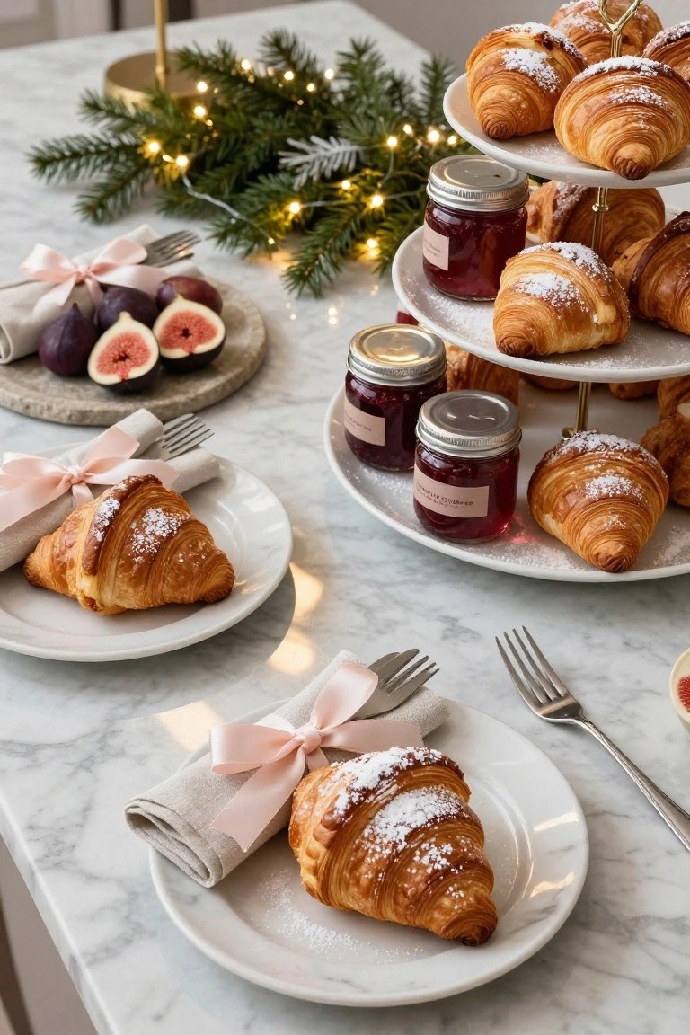 Marble tabletop styled with powdered sugar croissants on white plates tied with pink ribbon napkins, jars of red jam, fresh figs on a slate board, pine branches with fairy lights, and a three-tiered stand of more croissants.