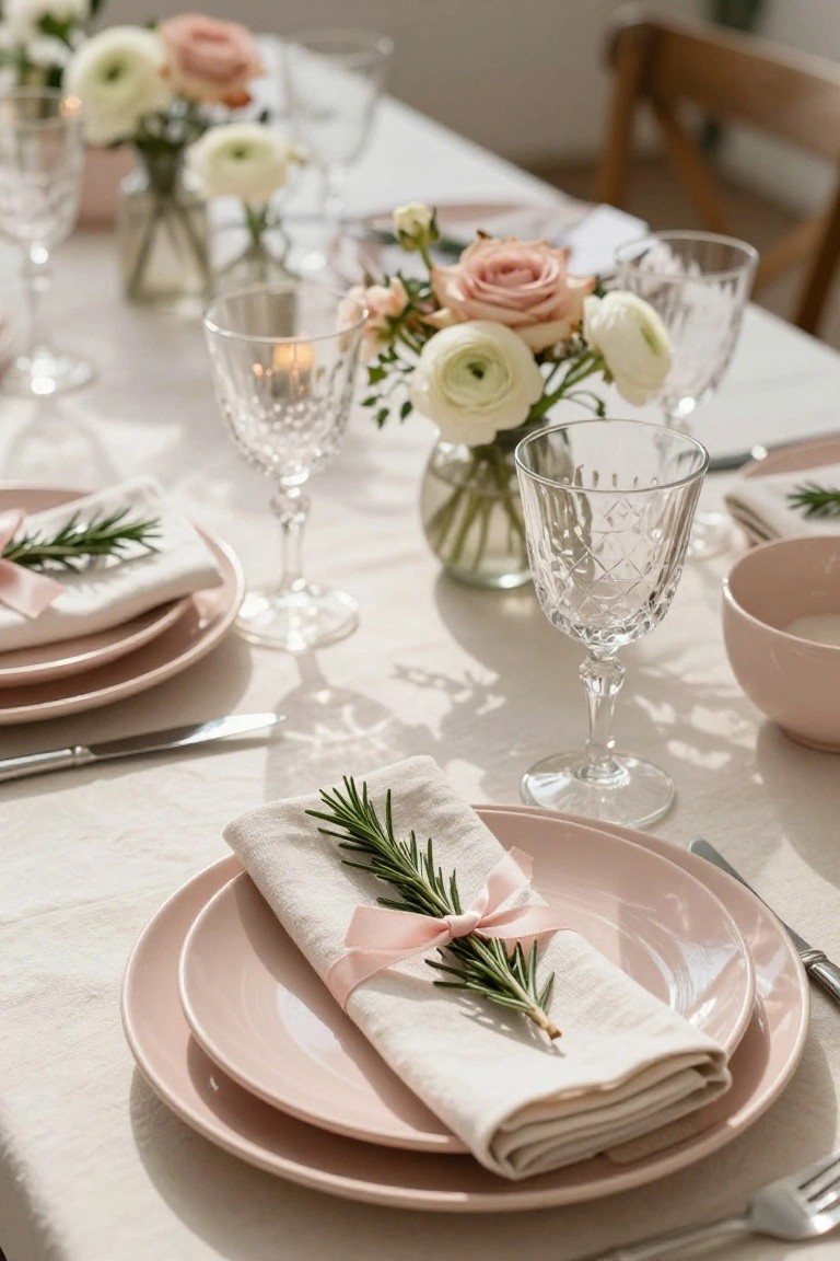 A tablescape with pink plates, white linen napkins tied with pink ribbons and rosemary sprigs, crystal glassware, small vases of blush roses and white anemones, pink bowls, and candles on a white linen tablecloth.