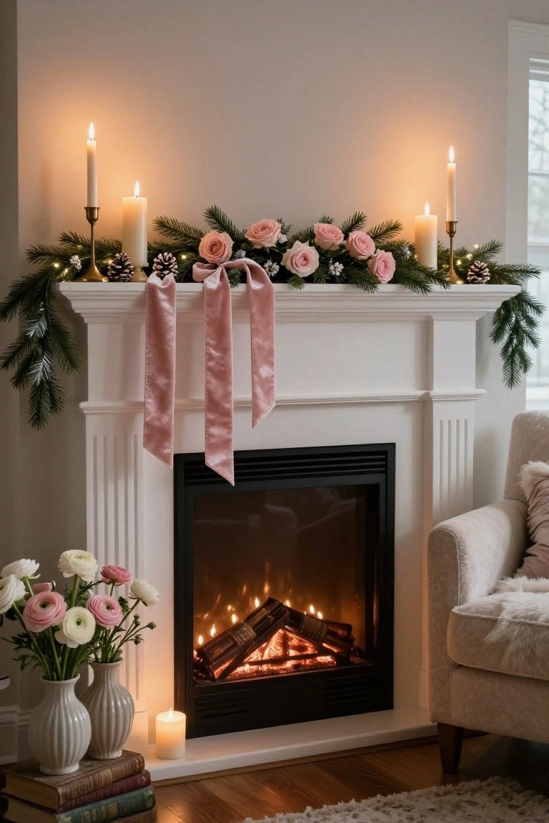 White fireplace mantel with evergreen garland, pink roses, pinecones, candles in gold holders, pink satin ribbons, and string lights; gas fire burning below, white vases of white and pink peonies and ranunculus on hearth with stacked vintage books and candle, beige armchair nearby on wood floor with cream rug.