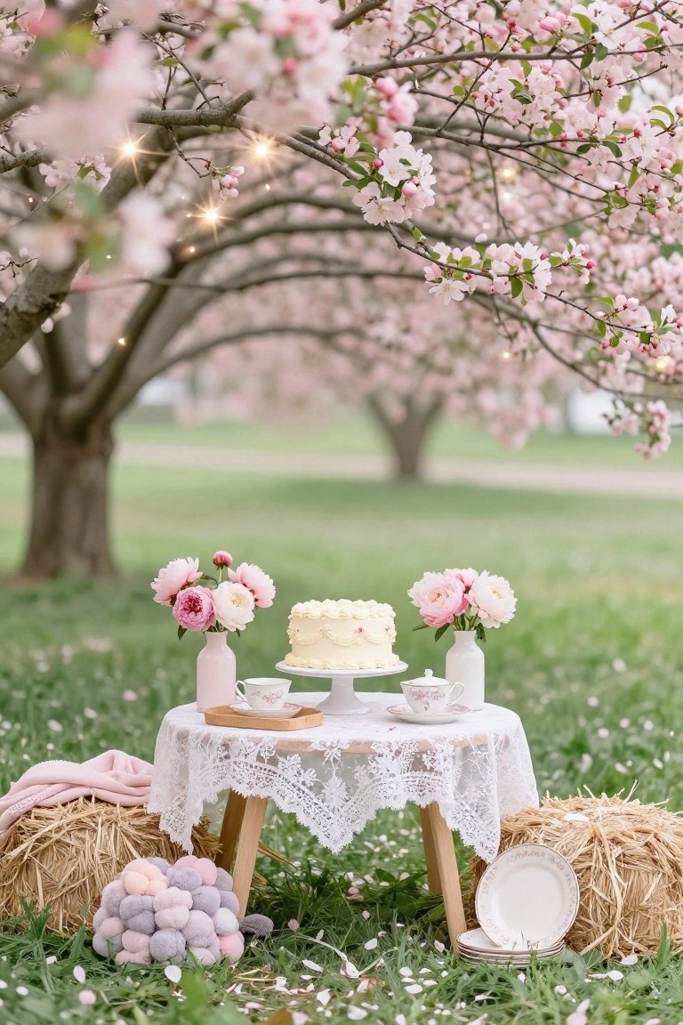 Small round table covered in white lace cloth set on grass under pink cherry blossom trees with fairy lights, displaying white frosted cake on stand, two peony arrangements in white vases, vintage teacups and saucers, surrounded by hay bales and purple pom poms.
