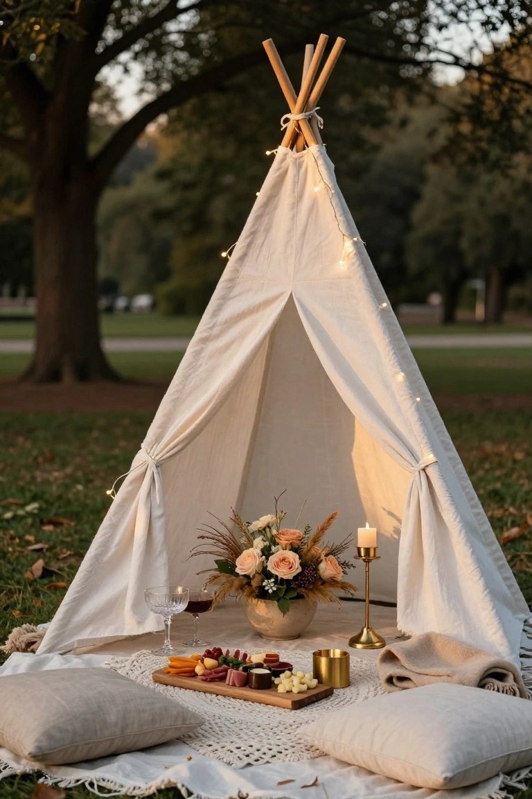 White canvas teepee tent with string lights in a grassy park at dusk, interior setup includes picnic blankets, pillows, wooden charcuterie board with cheeses and meats, wine glasses, flower arrangement, and gold candleholders.