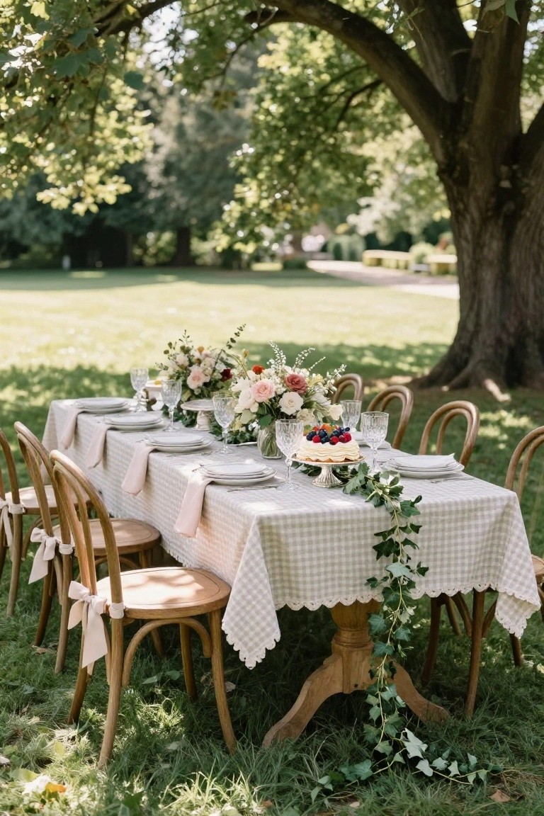 Long wooden table on grass under a large tree, covered in beige gingham tablecloth with ivy garland runner, set with white plates, glassware, floral arrangements, berry dish, and small cake on stand, surrounded by wooden chairs with pink ribbon ties.