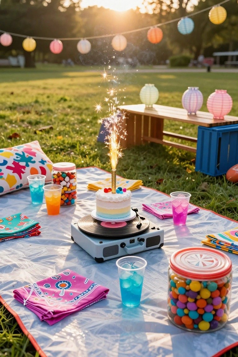 A small white cake topped with cherries, blue icing balls, and a lit sparkler sits on a pink record on a portable turntable on a gray picnic blanket in a grassy park, surrounded by colorful napkins, plastic cups of blue and pink drinks with ice, candy jars, pillows, and nearby hanging paper lanterns and a wooden bench.