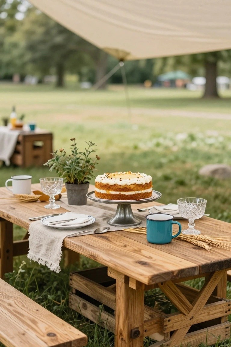 Carrot layer cake with cream frosting and seeds on a silver pedestal stand centered on a wooden picnic table under a beige canopy in a grassy park area, with wheat stalks, potted herb plant, enamel mugs, and glassware around it.