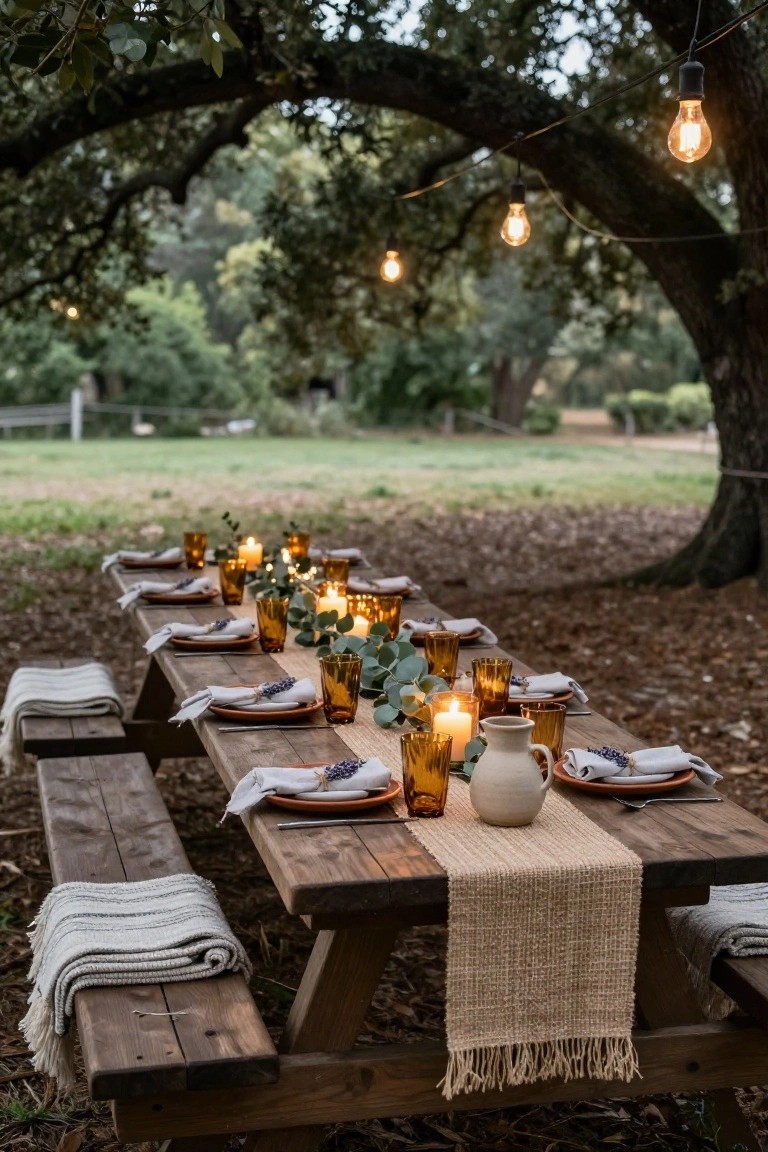 Long wooden picnic tables set with terracotta plates, amber glassware, eucalyptus garlands, candles, and beige runner under oak trees draped with string lights in a wooded outdoor area.