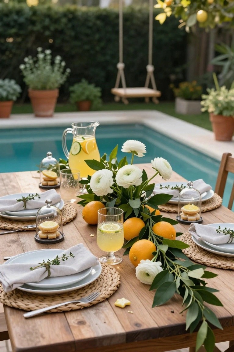 Wooden dining table beside a turquoise pool, decorated with a garland of oranges and green leaves as centerpiece, white anemone flowers, glass pitcher of lemonade with lemon and cucumber slices, glass domes covering lemon tarts and cookies, white plates with linen napkins tied with thyme sprigs, and woven placemats.