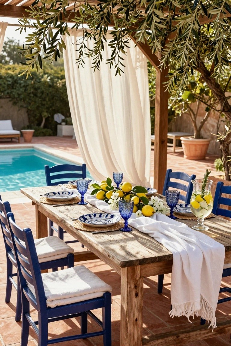 Outdoor wooden dining table by a blue pool, set with blue chairs, white plates, blue glasses, a centerpiece of lemons and white flowers, and a glass pitcher with lemon slices, under a pergola draped with sheer white curtains and olive branches.