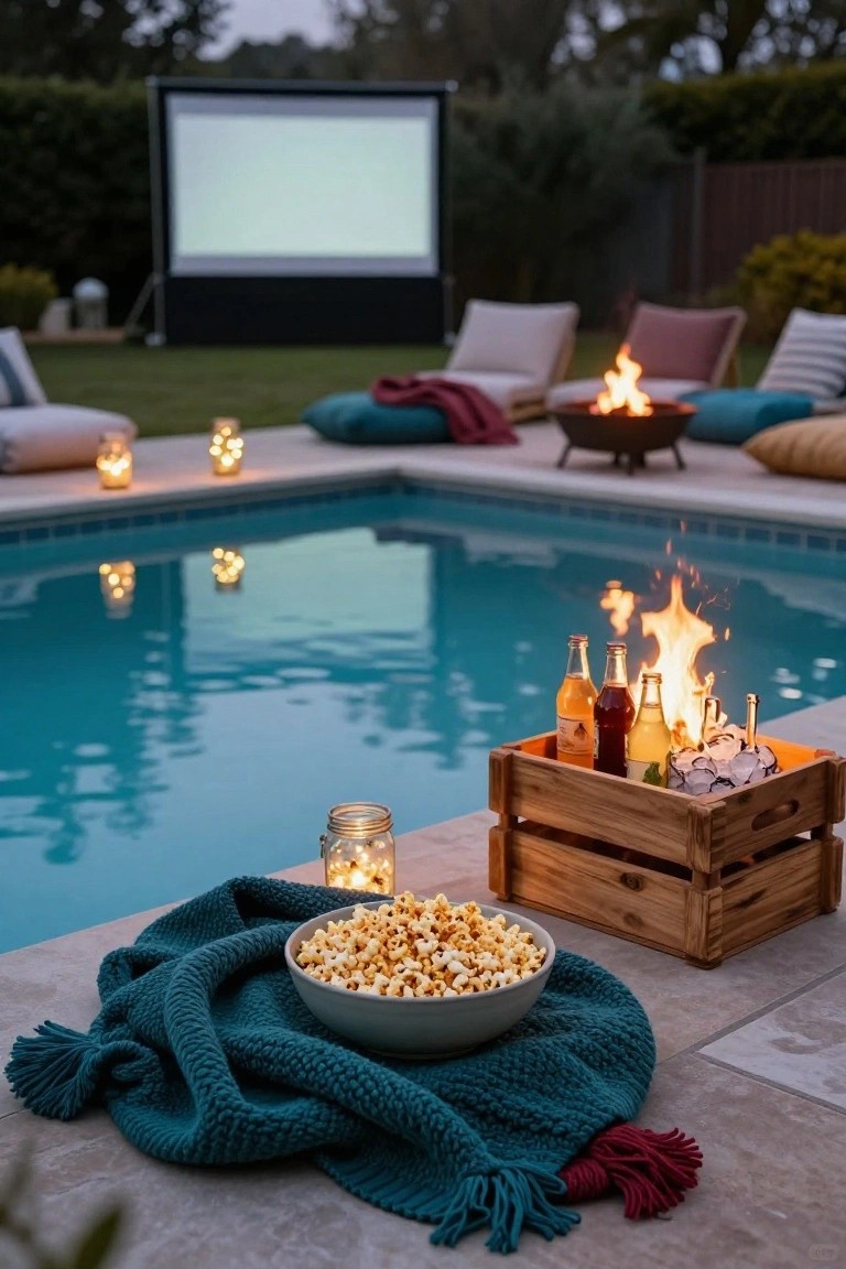 Outdoor backyard pool at dusk with a large blank projector screen, lounge chairs on grass, fire pit, wooden crate of bottled drinks on ice by the pool, bowl of popcorn on a blue blanket on the pool deck, and scattered lanterns.