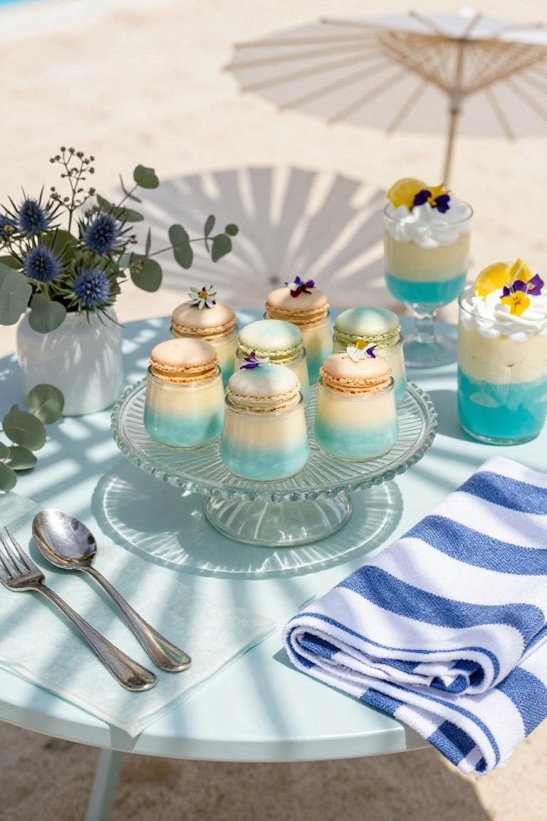 Glass tiered stand on a turquoise table by the pool displaying ombre yellow-to-blue jar desserts topped with macarons, flanked by blue drinks garnished with lemon and violets, flowers in vases, spoons, and a blue-and-white striped beach towel, with a beach umbrella shadow overhead.