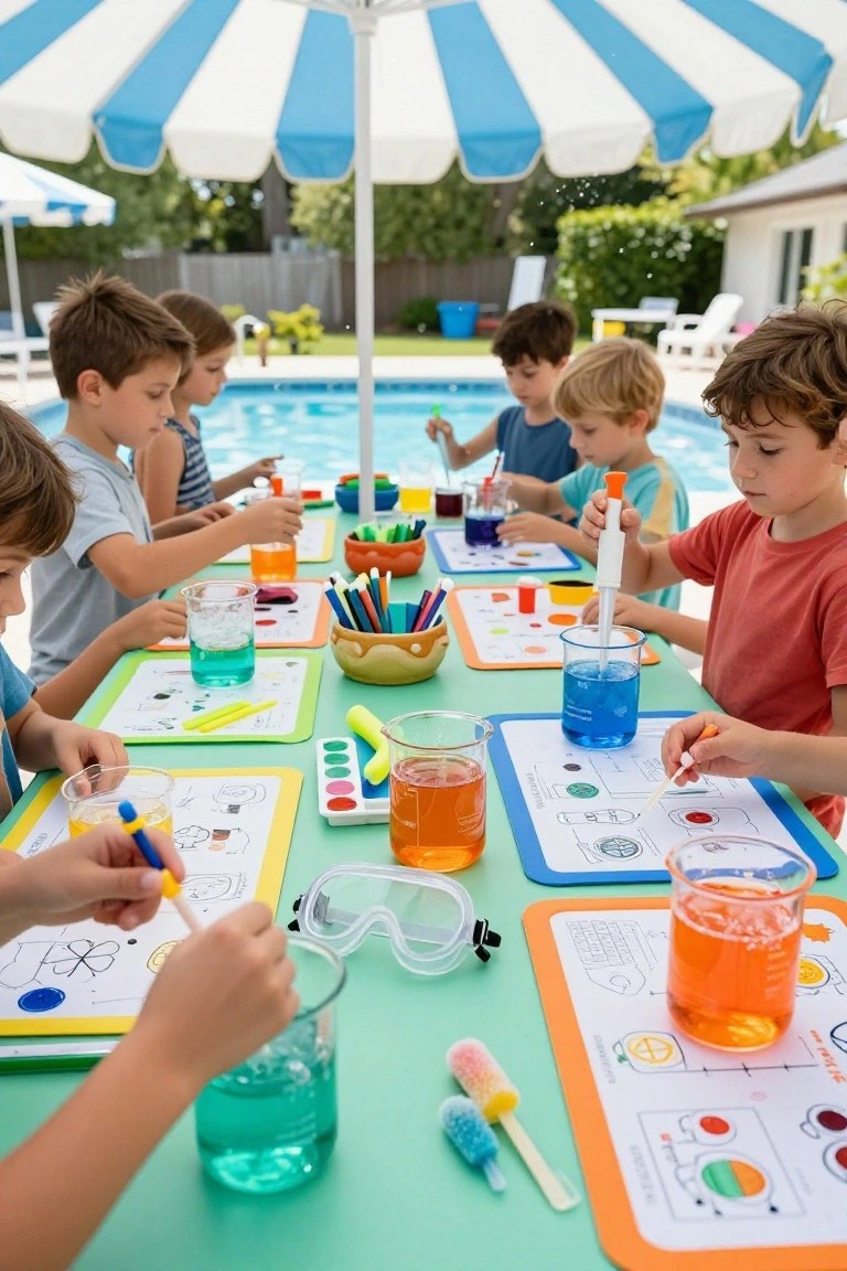 Group of young boys and girls seated at a long green table under a blue and white striped umbrella next to a swimming pool, conducting science experiments with colorful liquids in glass beakers, pipettes, protective mats, crayons, and safety goggles.