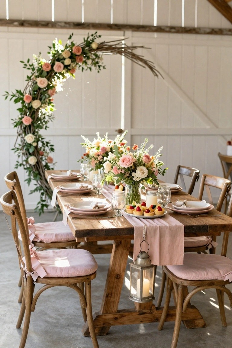 Rustic wooden table in a barn with pink linens, plates, glassware, floral centerpiece in jars, small pastries on a plate, wooden chairs with pink cushions and ribbons, large curved twig and pink rose arch nearby, and a metal lantern with candle.