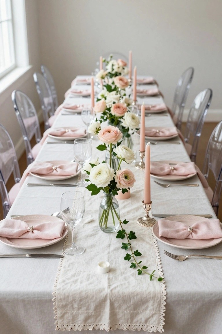 Long dining table with white linen runner and scalloped edges, multiple glass vases of blush pink and white anemones, pink taper candles in silver holders, pink napkins on white plates with silverware, and clear acrylic chairs on both sides in a bright room.