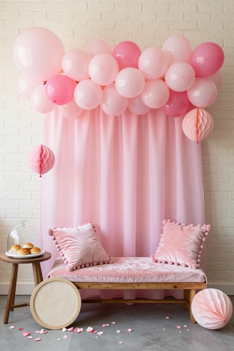 Pink velvet bench with tassel pillows against sheer pink curtain backdrop topped with cluster of pink balloons, flanked by hanging paper fans, small wooden table with glass dome of buns beside it, on white brick wall with scattered pink petals on floor