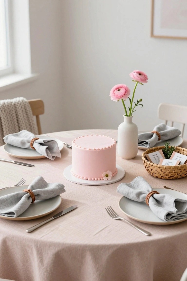 Round table on blush pink linen cloth set for four with small pink cake topped by a daisy at center, white vase of two pink ranunculus stems, gray linen napkins tied with brown leather cords around white plates, silverware, and woven basket of small favor packets nearby chairs and window.