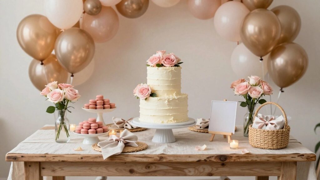 Wooden table with three-tier white ruffled cake, pink macarons on woven placemats, pink roses in vases, candles, linen runner, and woven basket holding wrapped gifts, against beige wall with garland of clustered blush pink, white, and metallic rose gold balloons.
