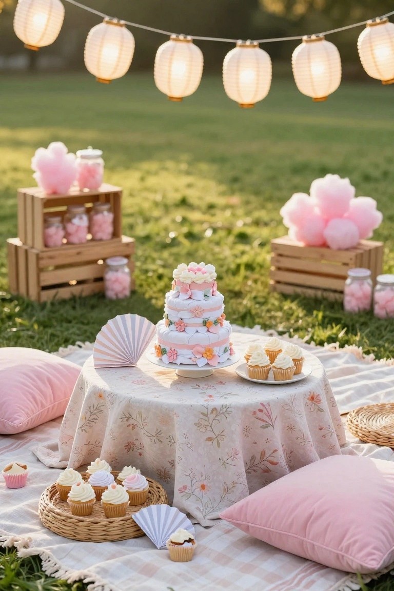 Outdoor picnic setup on a checkered blanket in grass featuring a tiered white diaper cake with pink flowers as centerpiece on a small round table, surrounded by cupcakes, candy jars, cotton candy, pink pillows, woven trays, paper fans, and string lanterns hanging above.
