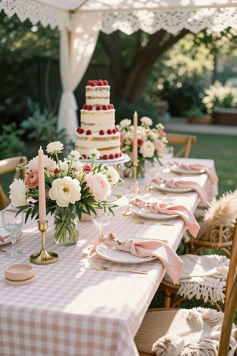 Outdoor dining table covered in pink gingham checkered cloth under a white lace tent in a garden, featuring a four-tiered white naked cake topped with raspberries on a stand, pink napkin place settings, white and pink floral arrangements in jars with candles, gold flatware, and rattan chairs with cream cushions.