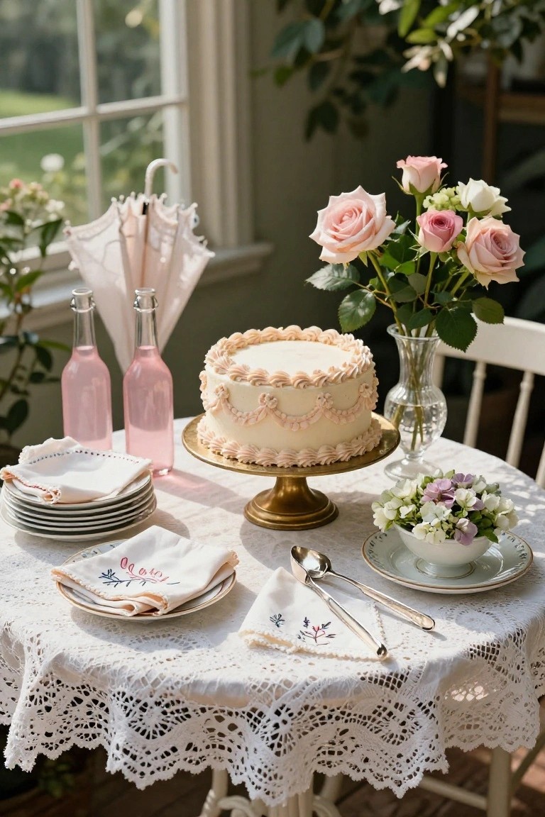 Pink-frosted cake on gold pedestal stand centered on white lace-covered table with pink bottled drinks, stacked white plates, embroidered napkins, silver spoons, and vases of pink roses and mixed flowers in sunlit room.