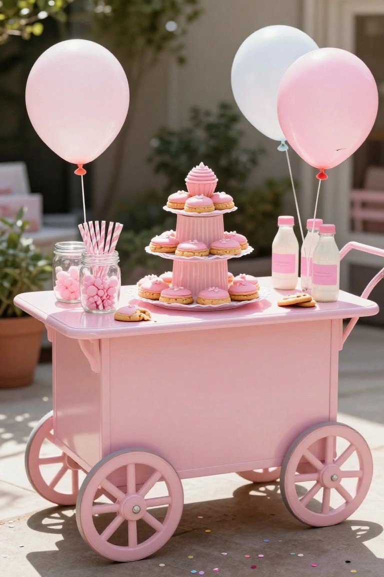 Pink wooden wheeled cart outdoors holding tiered pink cupcakes, cookies, pink candy in jars, striped straws, milk bottles, with pink and white balloons nearby.