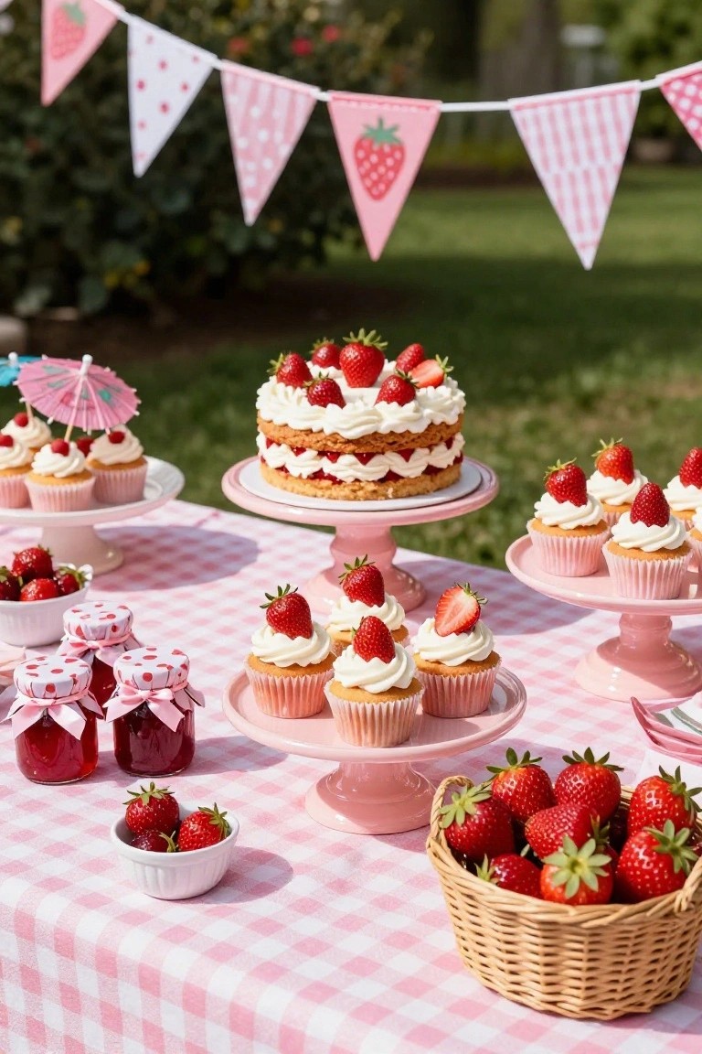 Outdoor garden dessert table with a layered strawberry cake on a pink stand, pink cupcakes topped with strawberries on another stand, jam jars, fresh strawberries in a bowl and basket, under pink strawberry bunting flags on a pink and white checkered tablecloth.