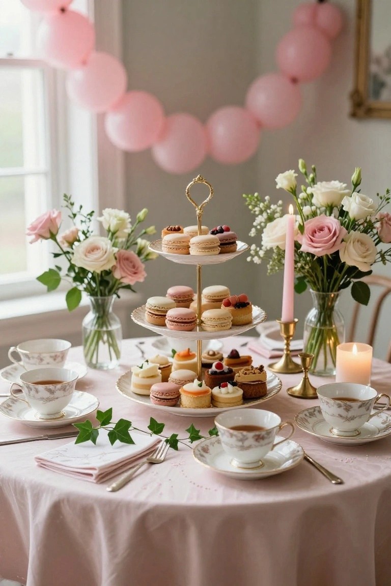 A round pink tablecloth holds a gold three-tiered stand with macarons and pastries, surrounded by teacups, flowers in glass vases, pink candles, and silverware, with pink balloons and natural light in the background.