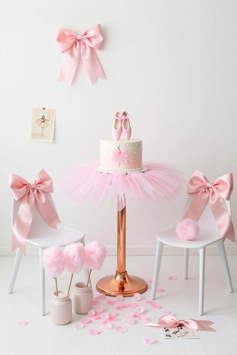 Pink cake topped with tiny ballet slippers on a tall copper pedestal wrapped in pink tulle tutu skirt, with white chairs tied with pink bows and cotton candy sticks nearby on a white floor scattered with pink petals.