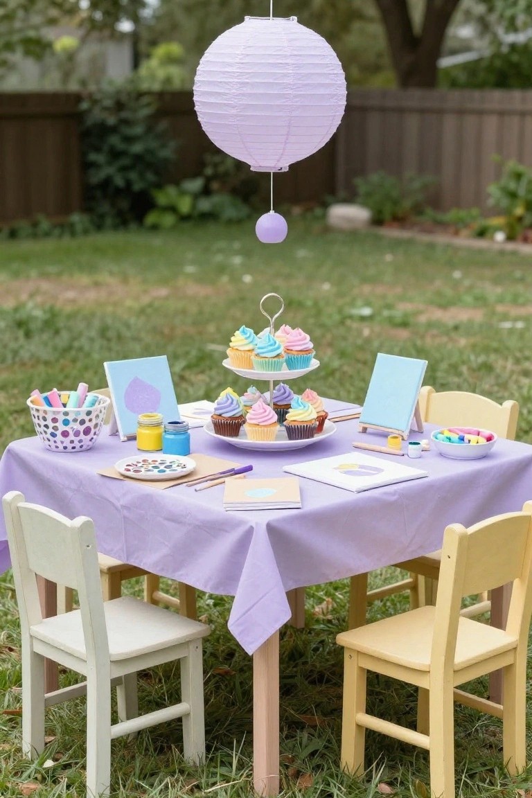 Outdoor kids table covered in purple cloth with painting easels, paint jars, crayons, sketchbooks, and a three-tiered stand of pastel cupcakes, surrounded by small chairs under a hanging purple paper lantern.
