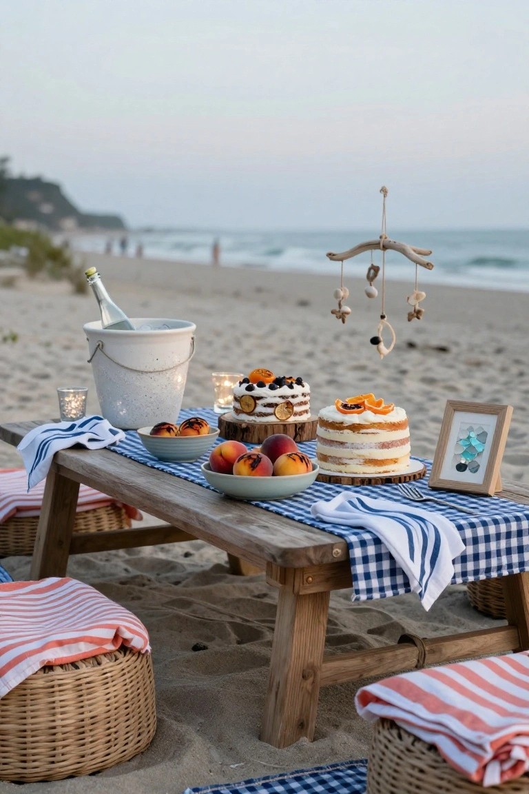 Wooden picnic table on sandy beach covered in blue checkered cloth with cakes, peaches in bowls, champagne bucket, candles, and wicker stools, ocean and driftwood mobile in background.