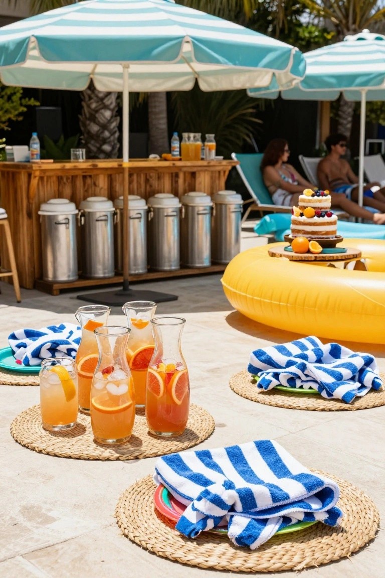 Poolside patio with blue striped umbrellas, wooden bar stocked with bottles and kegs, lounge chairs with people, yellow inflatable ring in pool holding a small cake, and foreground placemats with pitchers of orange drink garnished with fruit slices, glasses, towels, and plates.