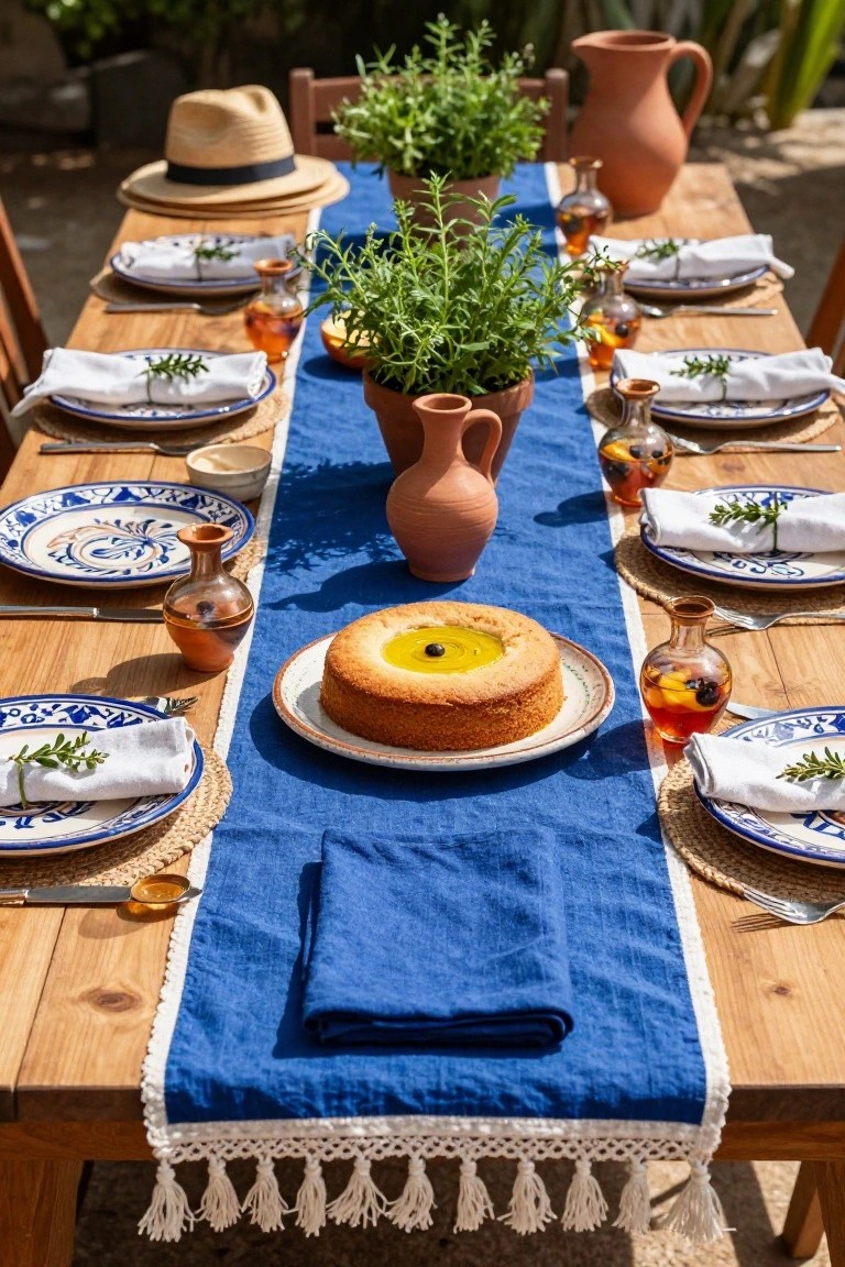 Overhead photo of a wooden outdoor table set with a blue fringed runner, terracotta pots of herbs as centerpieces, blue and white Talavera-style plates, glasses with drinks, napkins tied with herb sprigs, and a central round cake topped with lemon curd.