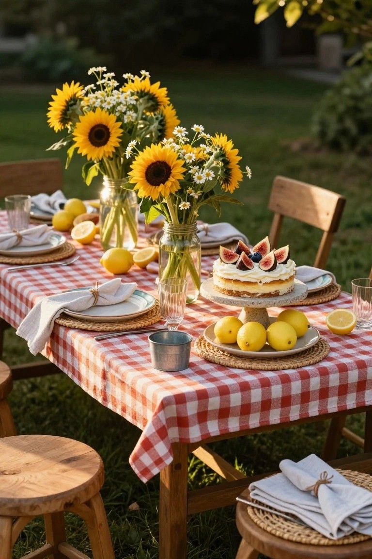 Outdoor wooden table with red and white checkered tablecloth set for a party, featuring mason jars of sunflowers and daisies, scattered lemons, a cheesecake topped with figs on a stand, plates, glasses, and wooden chairs in a grassy garden.
