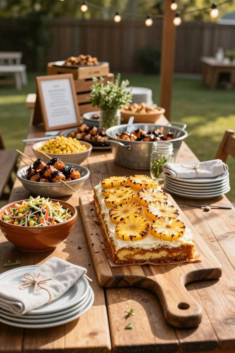 Outdoor wooden table with platters of corn, chicken skewers, salads, and a large cake topped with grilled pineapple slices presented on a wooden cutting board, string lights hanging above and greenery nearby.