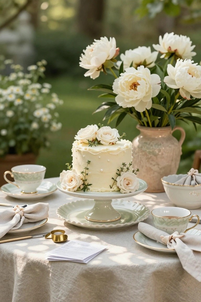 Outdoor garden table set with a small white cake topped with roses and greenery on a pedestal stand, gold-rimmed teacups and saucers, folded linen napkins, cutlery, a vase of white peonies, and papers nearby on a beige tablecloth.