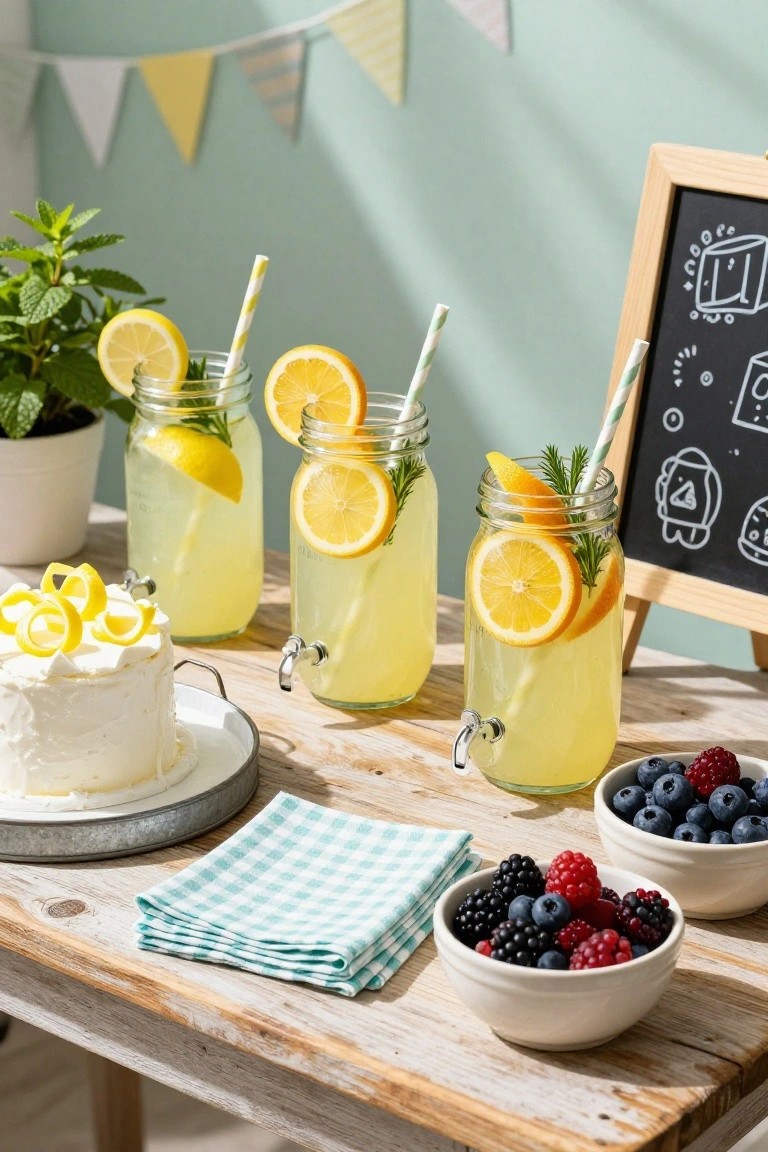 Wooden table displaying three mason jars of pale yellow lemonade garnished with lemon slices, mint, and rosemary sprigs, a matching lemonade dispenser with tap, small white cake topped with lemon curls, two bowls of mixed blueberries and raspberries, stacked checkered napkins, yellow bunting overhead, potted plants, and easel chalkboard with simple drawings.
