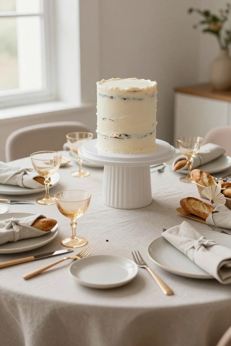 A white-frosted layered cake on a tall white pedestal stand centered on a round table covered in beige linen, surrounded by amber glassware, gold flatware, white plates, knotted napkins, and baguette baskets.