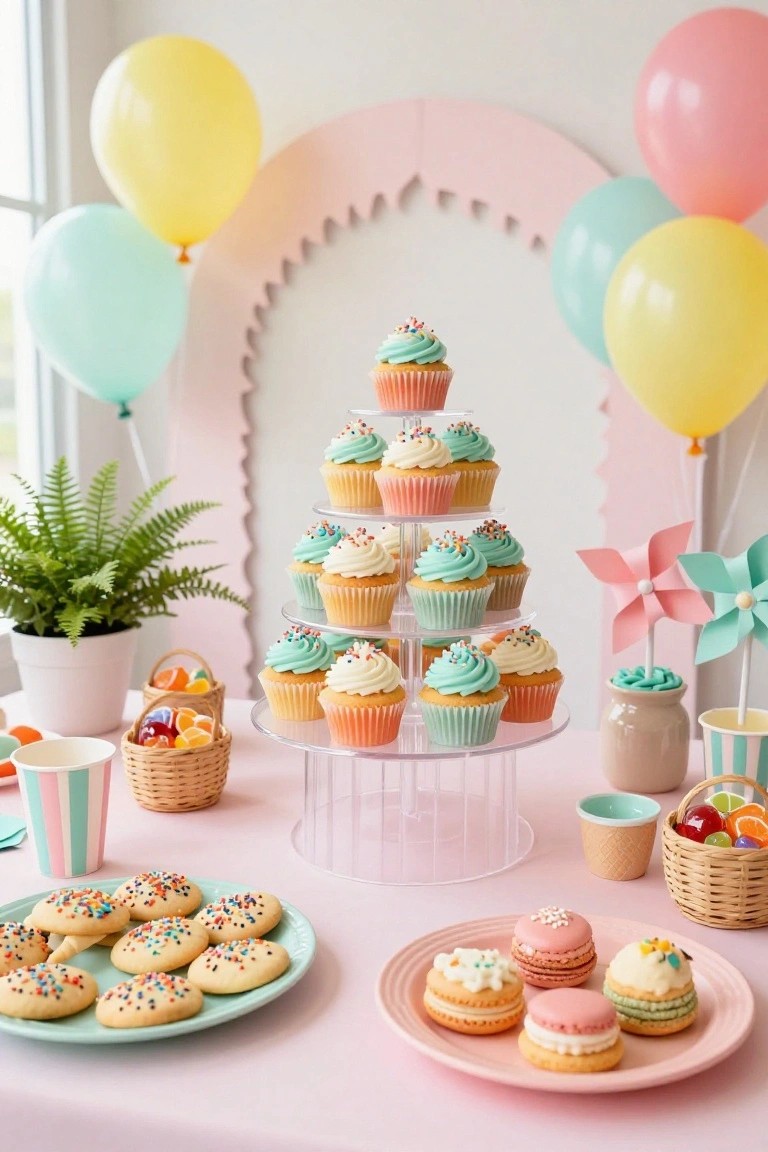 Dessert table with a clear tiered stand holding stacked cupcakes topped with pastel frostings and sprinkles, surrounded by pink balloon arch, plates of cookies and macarons, fruit baskets, and striped cups on a pink table.