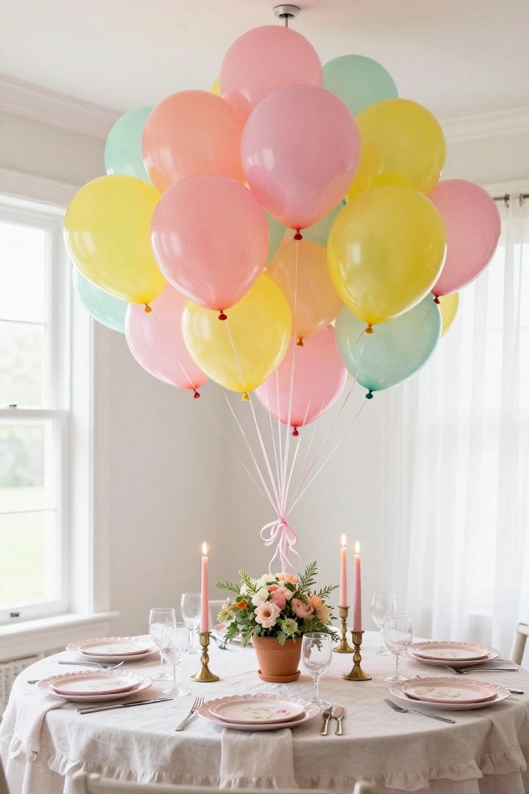 A large cluster of pastel pink, yellow, green, and mint balloons hangs from the ceiling above a round linen-draped table set with pink floral plates, gold candlesticks, wine glasses, and a small terracotta pot of flowers.