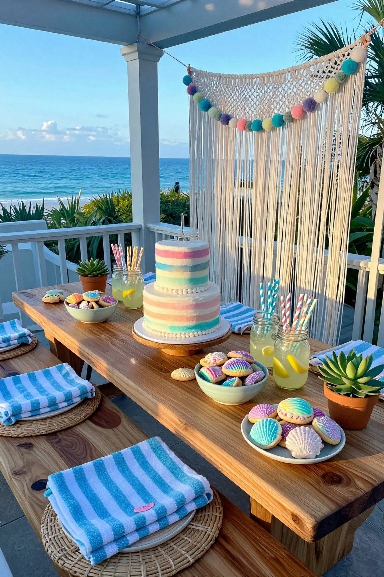Wooden picnic table on a beachside patio set with a two-tier pastel rainbow cake, seashell cookies, lemonade in jars with striped straws, bowls of treats, and potted plants, under a white pergola with macrame curtain and ocean view.