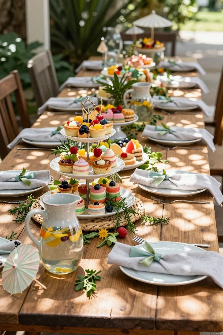 Outdoor wooden table with multiple tiered white stands holding colorful macarons, cupcakes, tarts, and fruits, flanked by plates, napkins, a glass pitcher with lemon slices, and greenery.