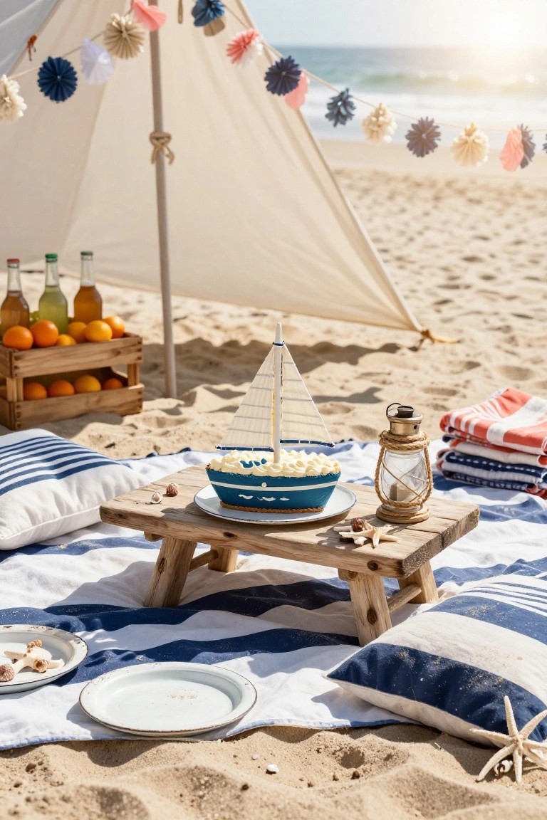 Beach picnic setup on sand with low wooden table holding sailboat-shaped cake and popcorn bowl, surrounded by pillows on striped blanket, beach umbrella overhead, drink bottles, orange crate, lantern, towels, and seashells, ocean visible in background.